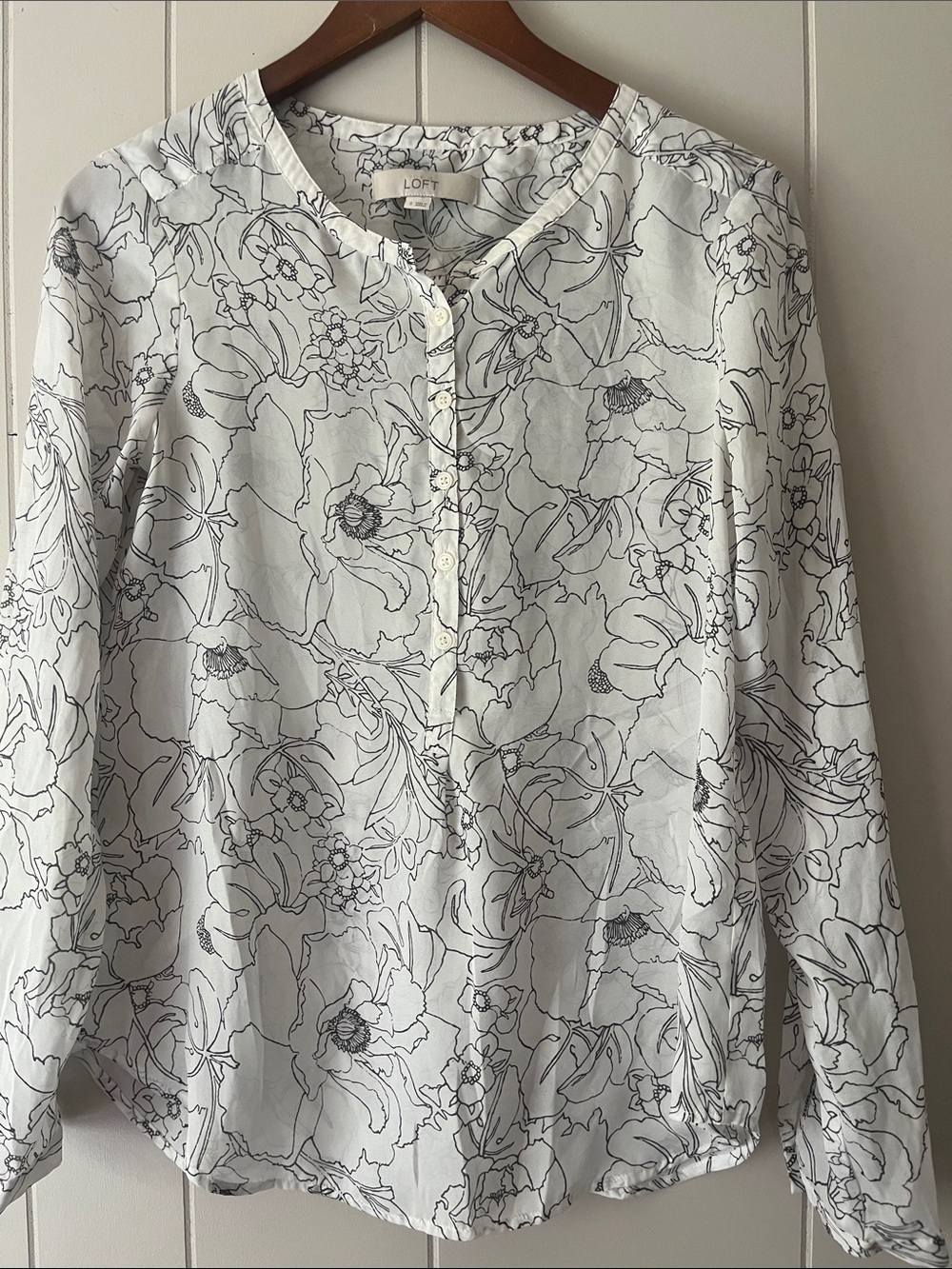 LOFT White Blouse with Black Floral Line Print
